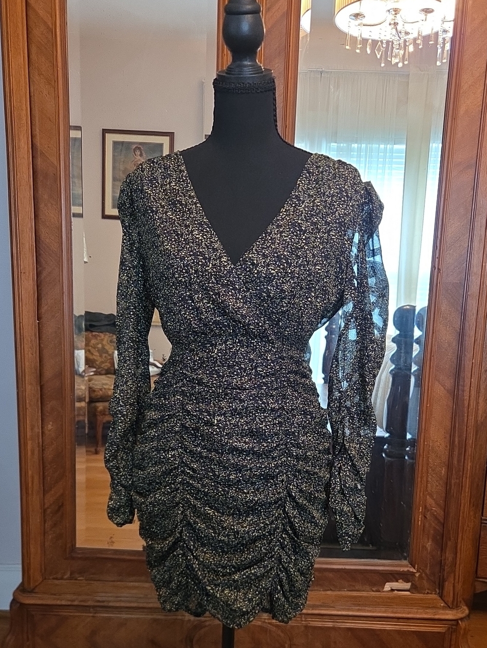 Zara Black  Ruched V-Neck Long Sleeve Dress